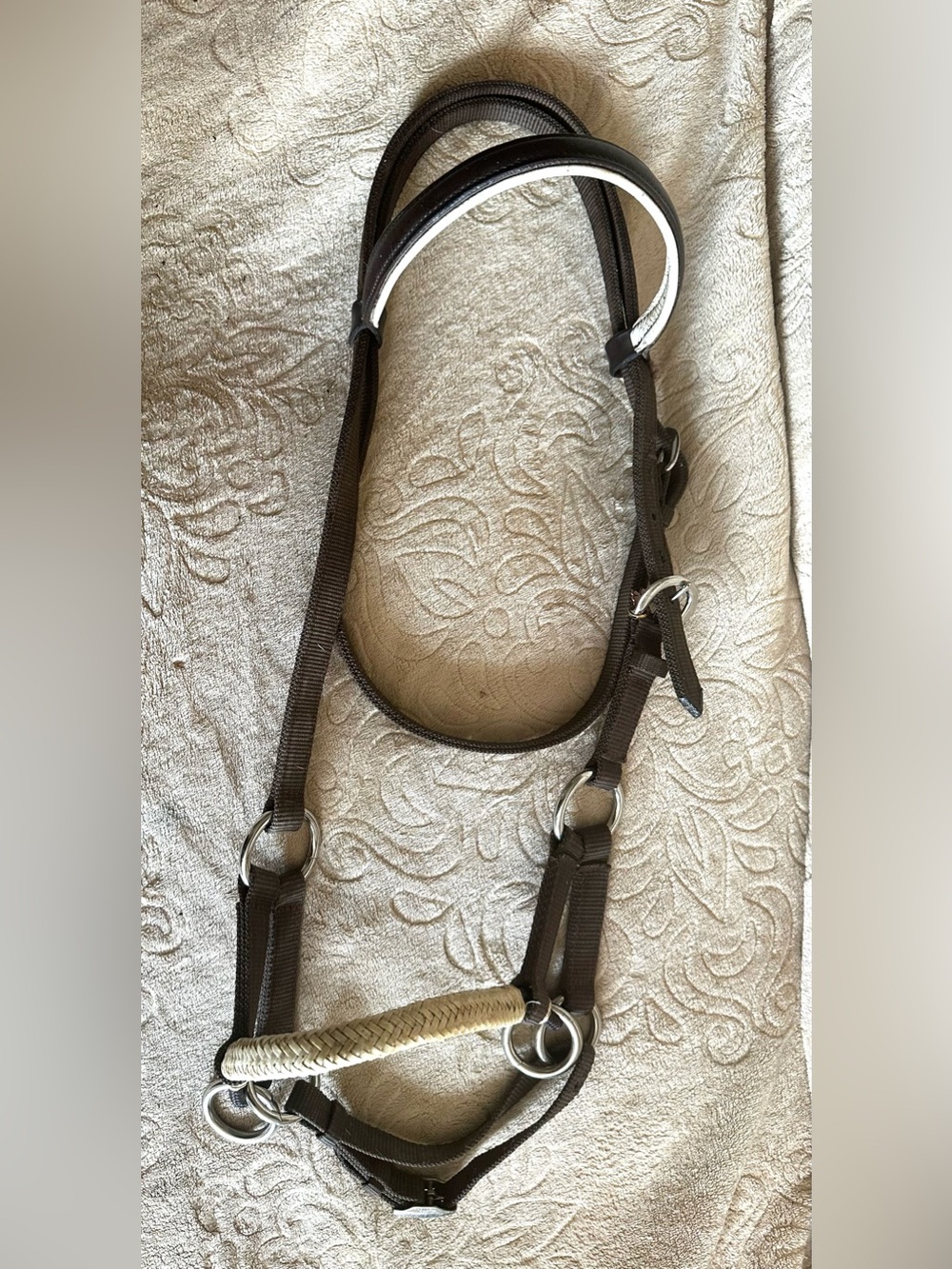 Natural Rawhide Horse Bosal W/Brown Nylon Headstall Full Size Bitless Hackamore